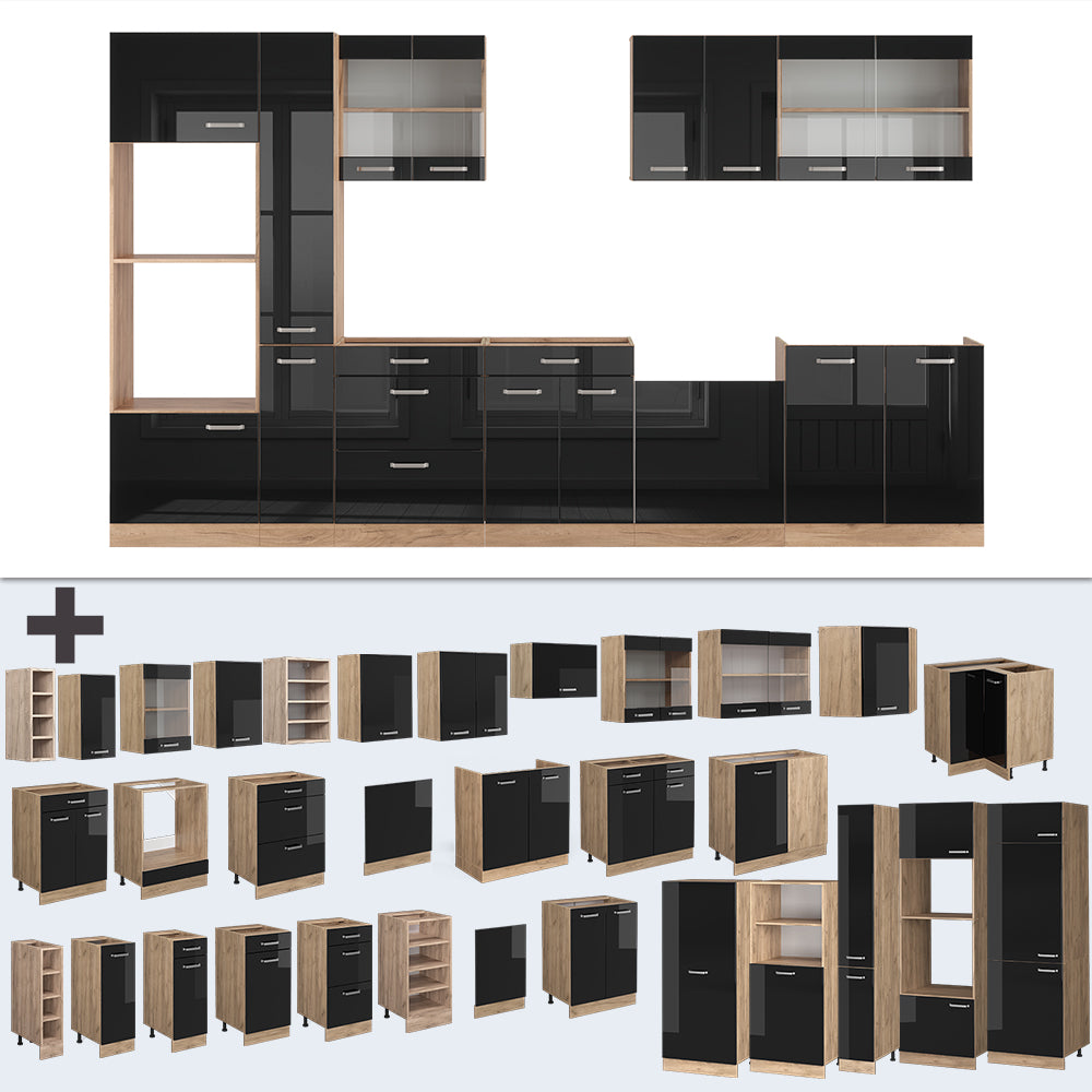 Vicco Cucina componibile Nero lucido 350 cm con armadio alto, PL Rovere