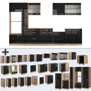 Vicco Cucina componibile Nero lucido 350 cm con armadio alto, PL Rovere