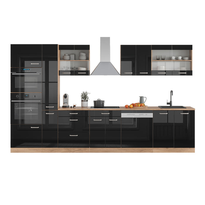 Vicco Cucina componibile Nero lucido 350 cm con armadio alto, PL Rovere