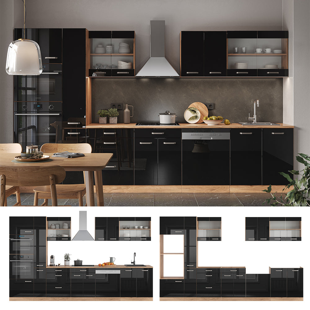 Vicco Cucina componibile Nero lucido 350 cm con armadio alto, PL Rovere