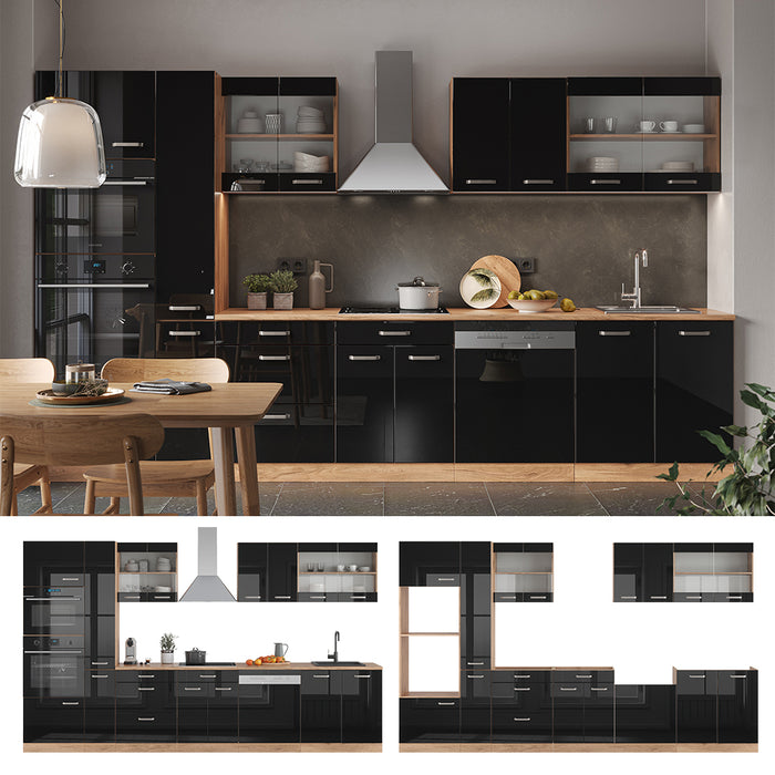 Vicco Cucina componibile Nero lucido 350 cm con armadio alto, PL Rovere