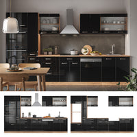 Vicco Cucina componibile Rovere nero/oro lucido 350 cm con colonna, piano di lavoro antracite