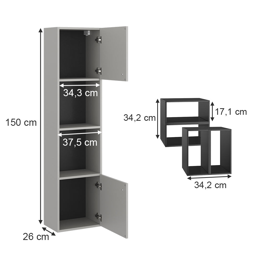 Vicco Armadio per il bagno Grigio 37.5 x 150 cm con anta e vani a giorno