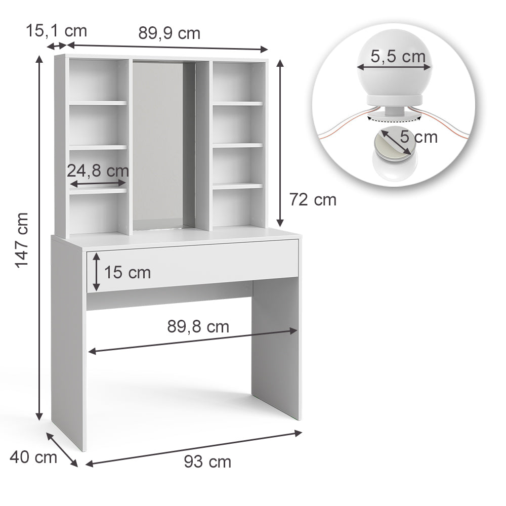 Vicco Tavolo da toeletta Bianco 93 cm con illuminazione a LED