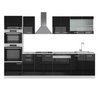 Vicco Cucina componibile Nero lucido 300 cm con armadio alto, PL Marmo