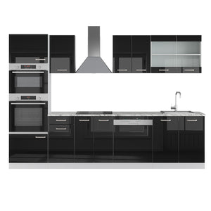 Vicco Cucina componibile Nero lucido 300 cm con armadio alto, PL Marmo