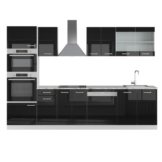 Vicco Cucina componibile Nero lucido 300 cm con armadio alto, PL Marmo