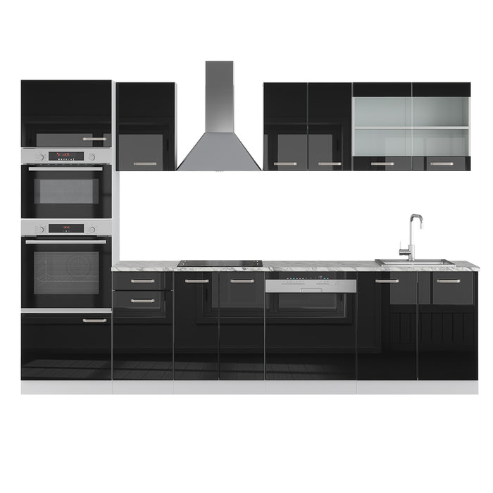 Vicco Cucina componibile Nero lucido 300 cm con armadio alto, PL Marmo