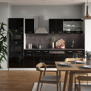 Vicco Cucina componibile Nero lucido 300 cm con armadio alto, PL Marmo
