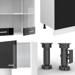 Vicco Cucina componibile Nero lucido/bianco 300 cm con armadio alto, PL Rovere