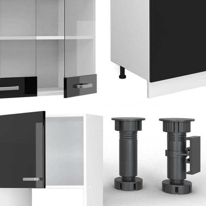 Vicco Cucina componibile Nero lucido/bianco 300 cm con armadio alto, PL Rovere