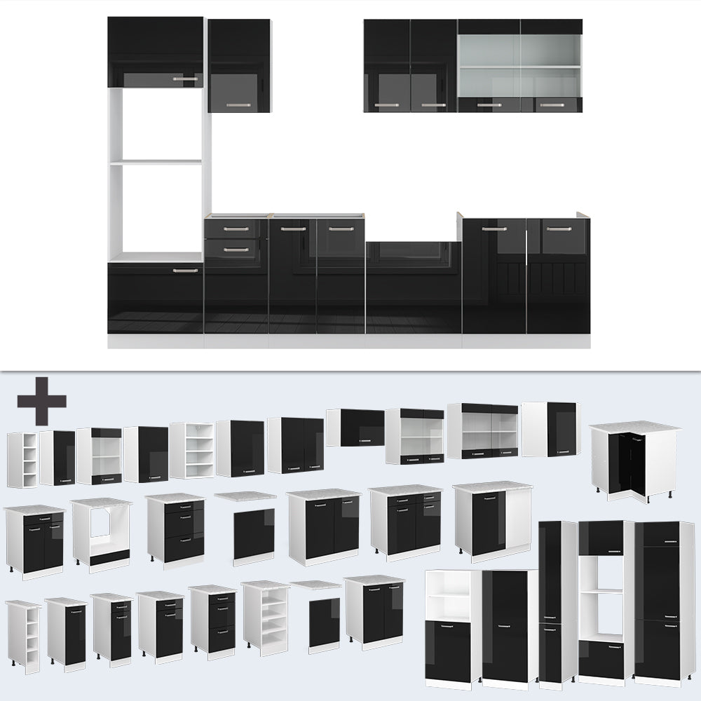 Vicco Cucina componibile Nero lucido/bianco 300 cm con armadio alto, PL Antracite