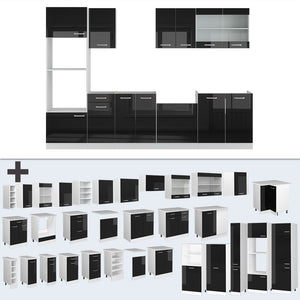 Vicco Cucina componibile Nero lucido/bianco 300 cm con armadio alto, PL Rovere