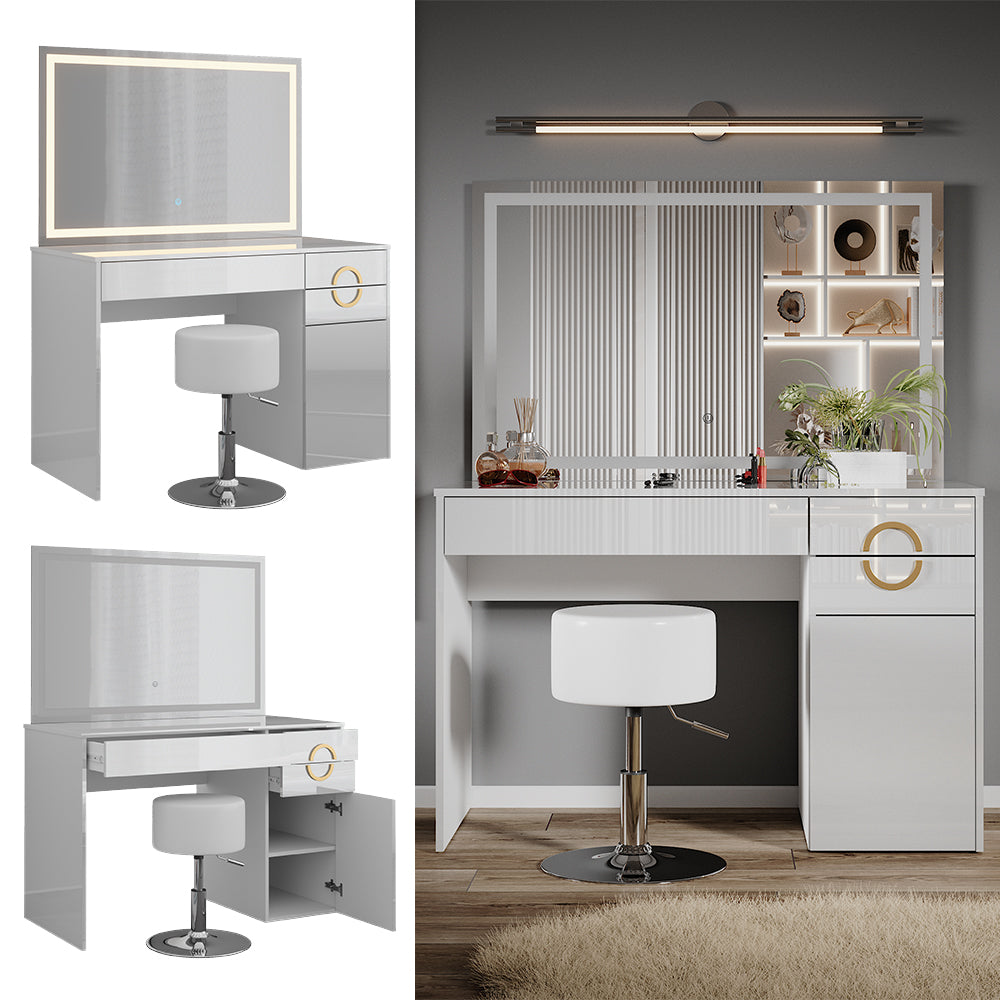 Vicco Tavolo da toeletta Bianco 115 cm con specchio LED e sgabello