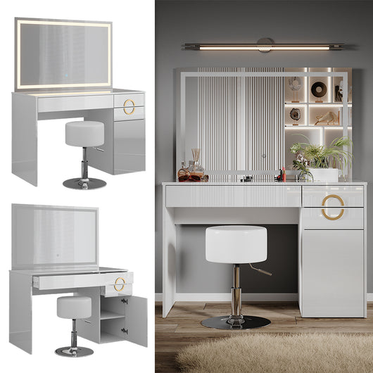 Vicco Tavolo da toeletta Bianco 115 cm con specchio LED e sgabello