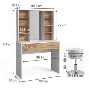 Vicco Tavolo da toeletta Quercia dorata/bianco 93 cm con sgabello