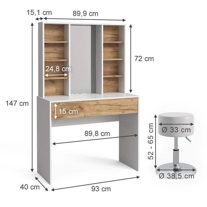 Vicco Tavolo da toeletta Quercia dorata/bianco 93 cm con sgabello