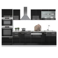Vicco Cucina componibile Nero lucido/bianco 300 cm con armadio alto, PL Rovere