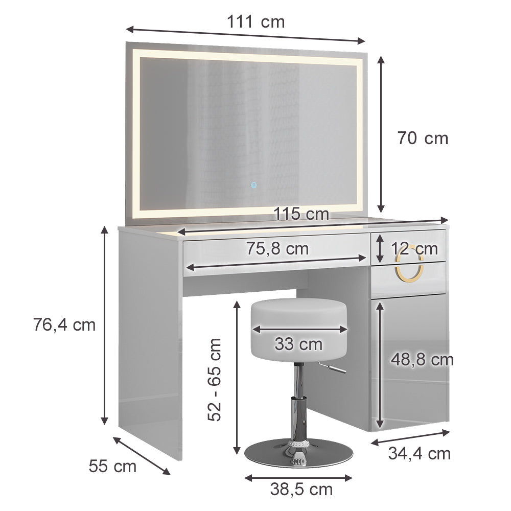 Vicco Tavolo da toeletta Bianco 115 cm con specchio LED e sgabello