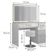 Vicco Tavolo da toeletta Bianco 115 cm con specchio LED e sgabello