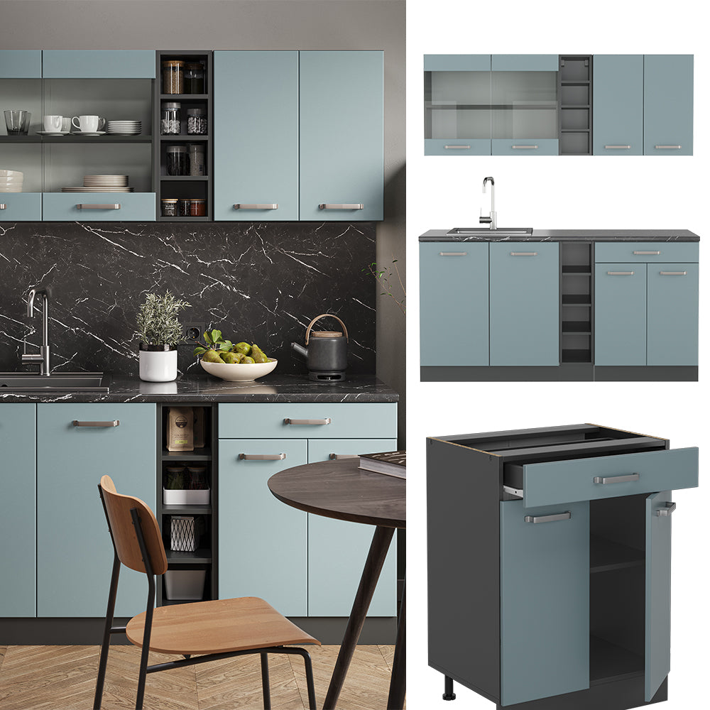 Vicco Cucina completa Blu-grigio/antracite 160 cm , PL Rovere
