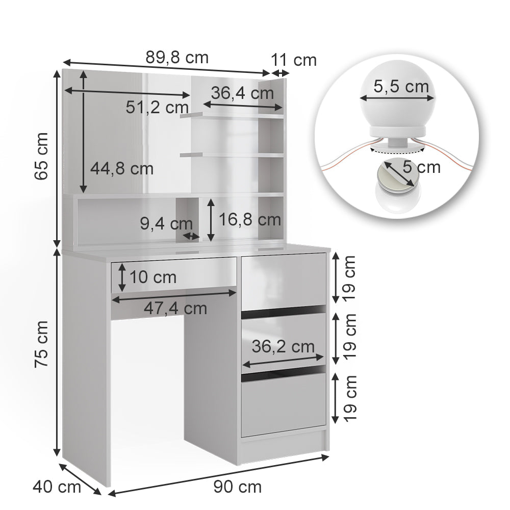 Vicco Tavolo da toeletta Bianco 40 cm con illuminazione a LED e ripiano a specchio