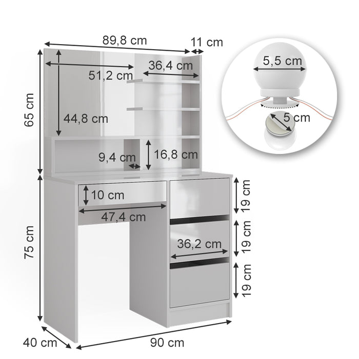Vicco Tavolo da toeletta Bianco 40 cm con illuminazione a LED e ripiano a specchio