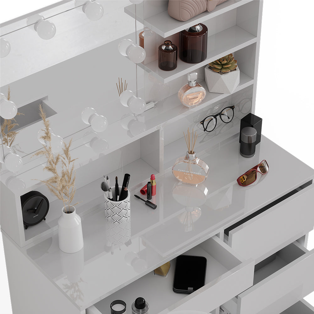 Vicco Tavolo da toeletta Bianco 40 cm con illuminazione a LED e ripiano a specchio