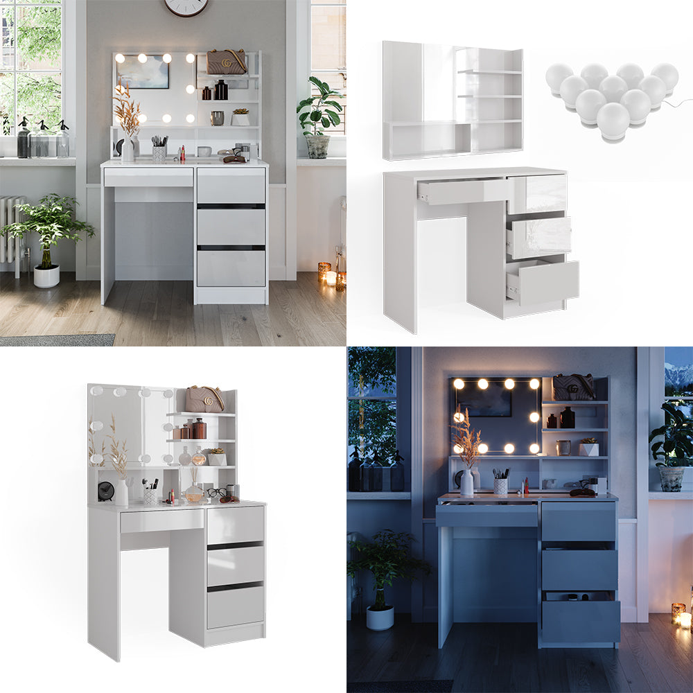 Vicco Tavolo da toeletta Bianco 40 cm con illuminazione a LED e ripiano a specchio