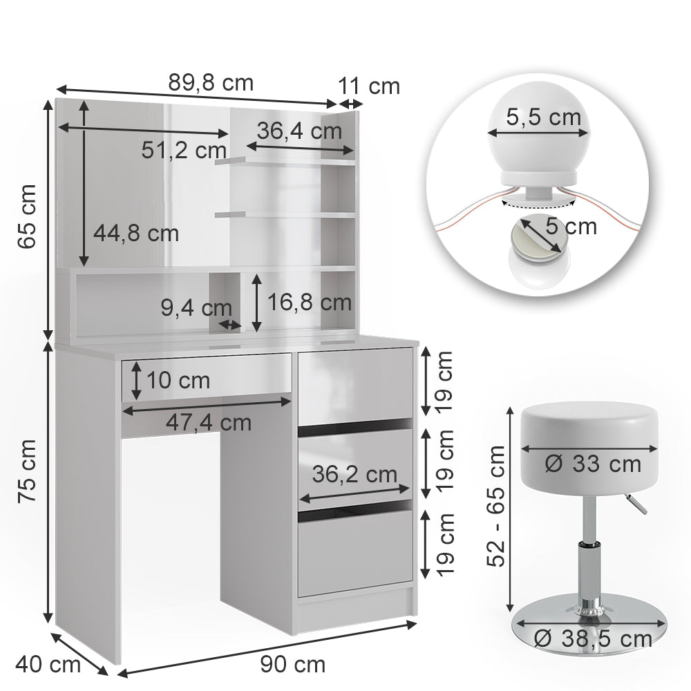 Vicco Tavolo da toeletta Bianco 40 cm con illuminazione a LED, sgabello e ripiano a specchio