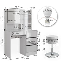 Vicco Tavolo da toeletta Bianco 40 cm con illuminazione a LED, sgabello e ripiano a specchio