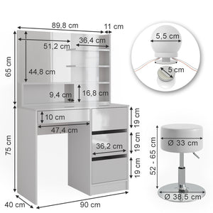 Vicco Tavolo da toeletta Bianco 40 cm con illuminazione a LED, sgabello e ripiano a specchio