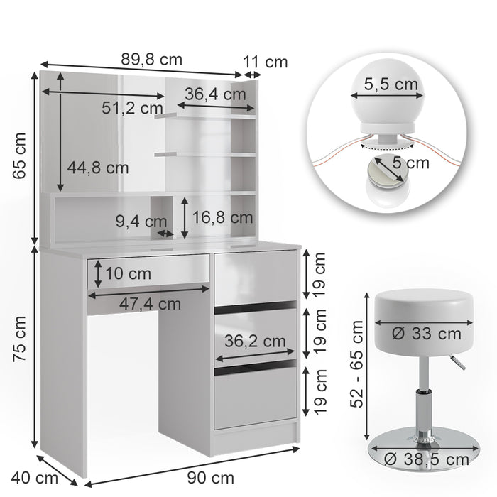 Vicco Tavolo da toeletta Bianco 40 cm con illuminazione a LED, sgabello e ripiano a specchio