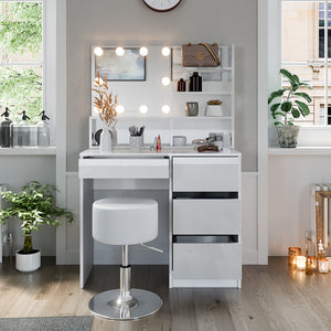 Vicco Tavolo da toeletta Bianco 40 cm con illuminazione a LED, sgabello e ripiano a specchio