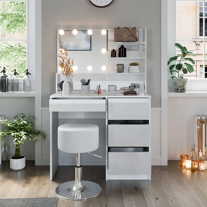 Vicco Tavolo da toeletta Bianco 40 cm con illuminazione a LED, sgabello e ripiano a specchio