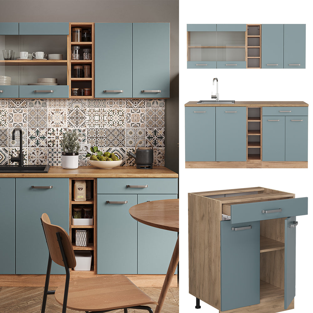 Vicco Cucina completa Rovere blu-grigio/oro 160 cm , PL Marmo