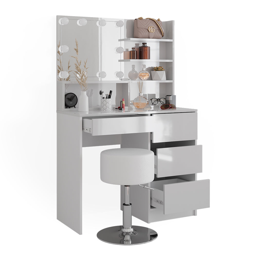 Vicco Tavolo da toeletta Bianco 40 cm con illuminazione a LED, sgabello e ripiano a specchio