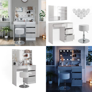 Vicco Tavolo da toeletta Bianco 40 cm con illuminazione a LED, sgabello e ripiano a specchio