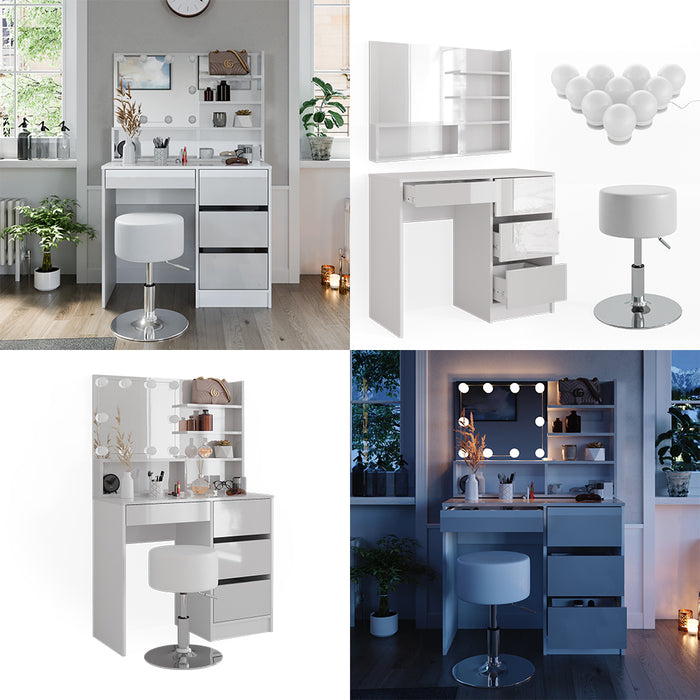Vicco Tavolo da toeletta Bianco 40 cm con illuminazione a LED, sgabello e ripiano a specchio