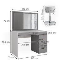 Vicco Tavolo da toeletta Bianco/grigio/grigio 115 cm con specchio LED e sgabello