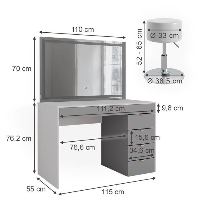 Vicco Tavolo da toeletta Bianco/grigio/grigio 115 cm con specchio LED e sgabello