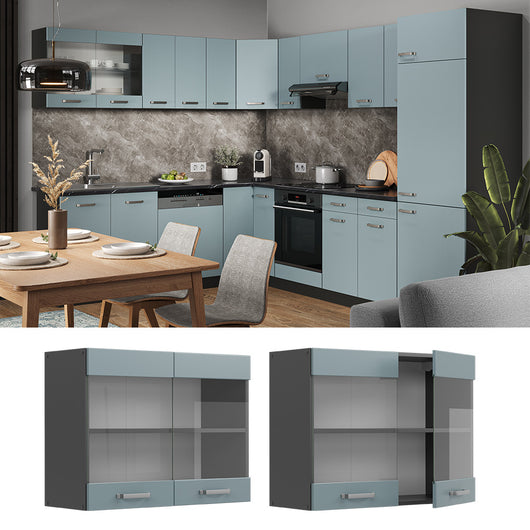 Vicco Mobile da cucina in vetro Grigio-blu 80 cm