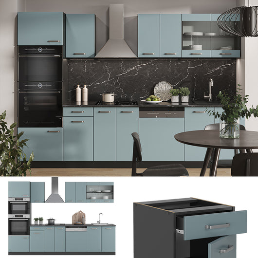 Vicco Cucina componibile Blu-grigio/antracite 300 cm con armadio alto, PL Marmo
