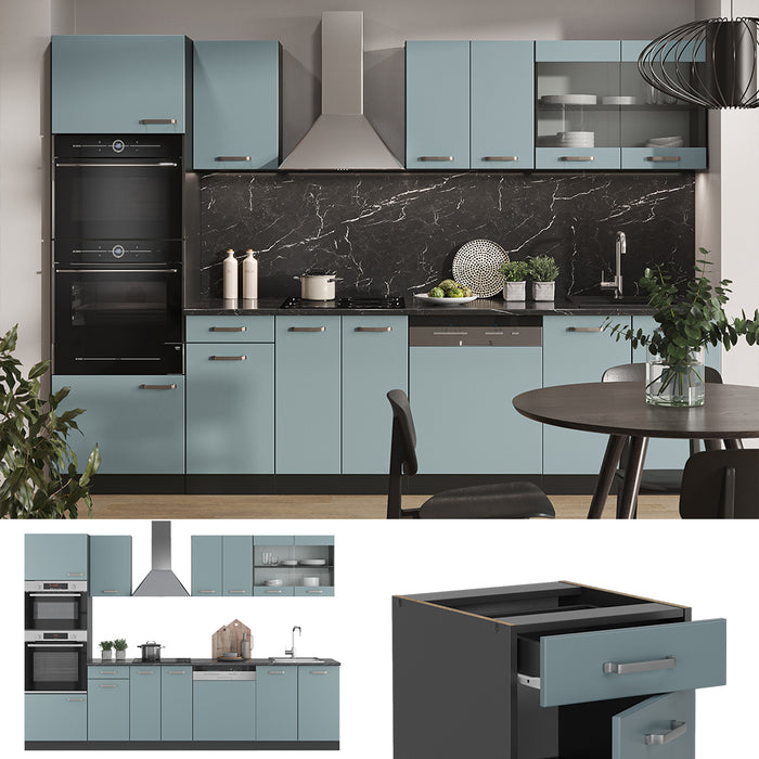 Vicco Cucina componibile Blu-grigio/antracite 300 cm con armadio alto, PL Marmo
