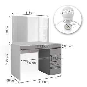 Vicco Tavolo da toeletta Bianco/grigio/grigio 115 cm con illuminazione a LED