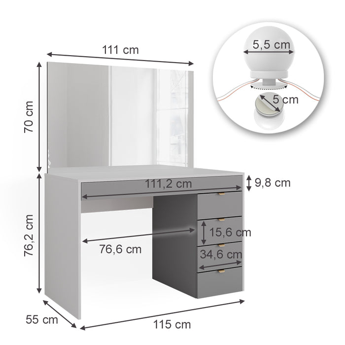 Vicco Tavolo da toeletta Bianco/grigio/grigio 115 cm con illuminazione a LED