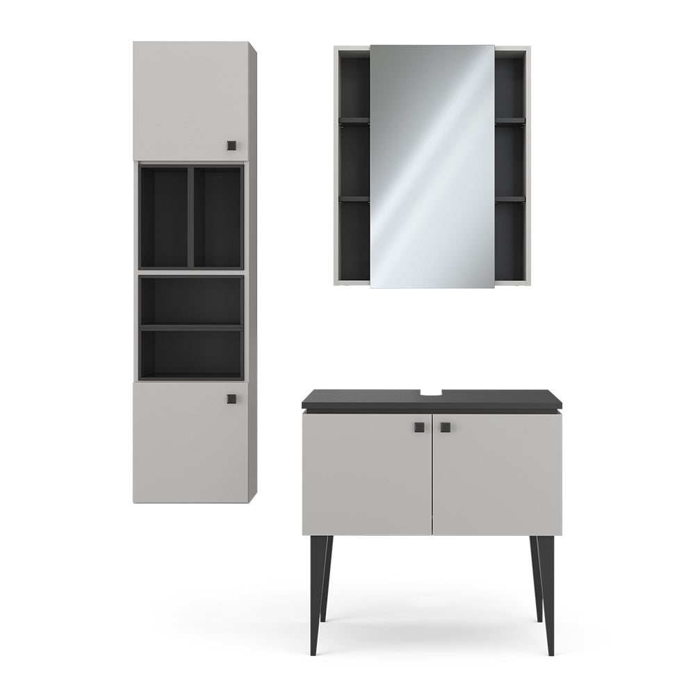 Vicco Set di mobili da bagno Grigio 3 parti, pensile 2 ante