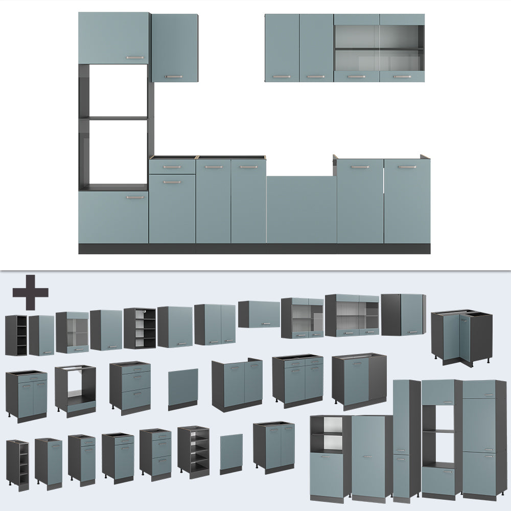 Vicco Cucina componibile Blu-grigio/antracite 300 cm con armadio alto, PL Antracite