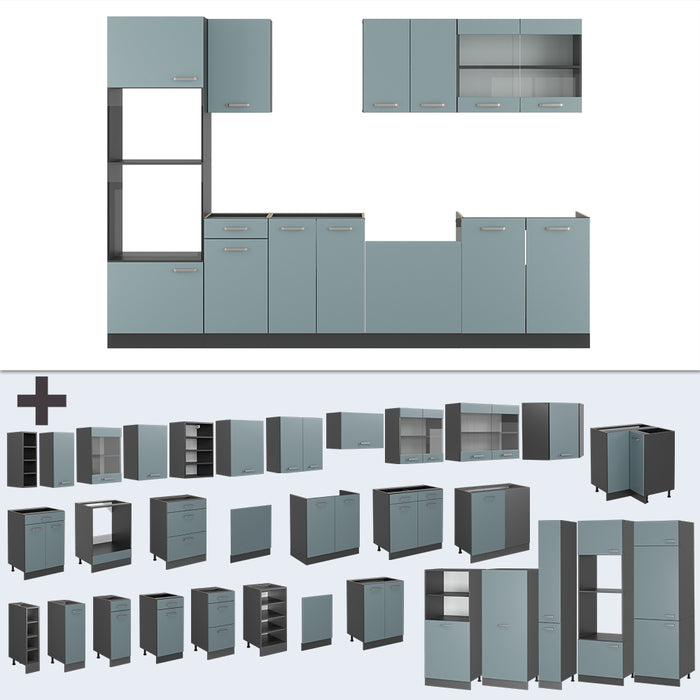 Vicco Cucina componibile Blu-grigio/antracite 300 cm con armadio alto, PL Antracite