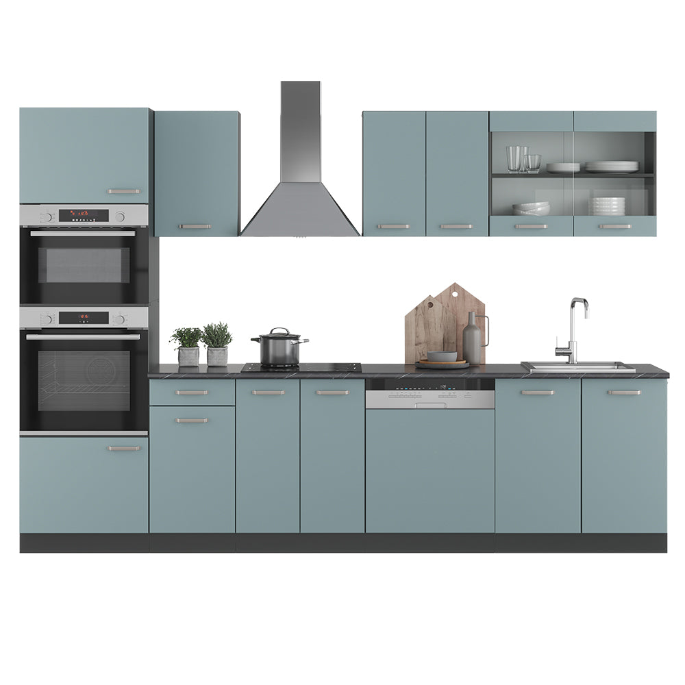 Vicco Cucina componibile Blu-grigio/antracite 300 cm con armadio alto, senza piano di lavoro